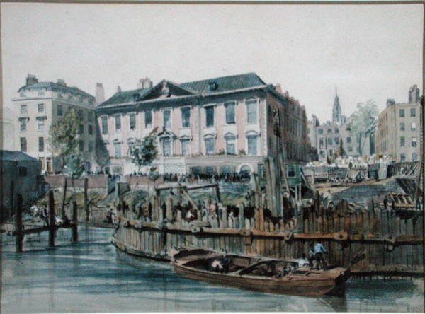 London Bridge için kazık çakıcılarını ve yük asansörlerini çevreleyen ahşap bir batardonun görünümü by Edward William Cooke