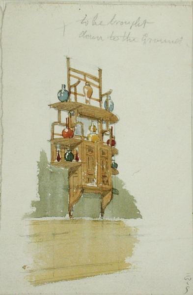 Maymun Dolabı için Tasarım, c.1876 (kağıt üzerine suluboya ve kurşun kalem) by Edward William Godwin