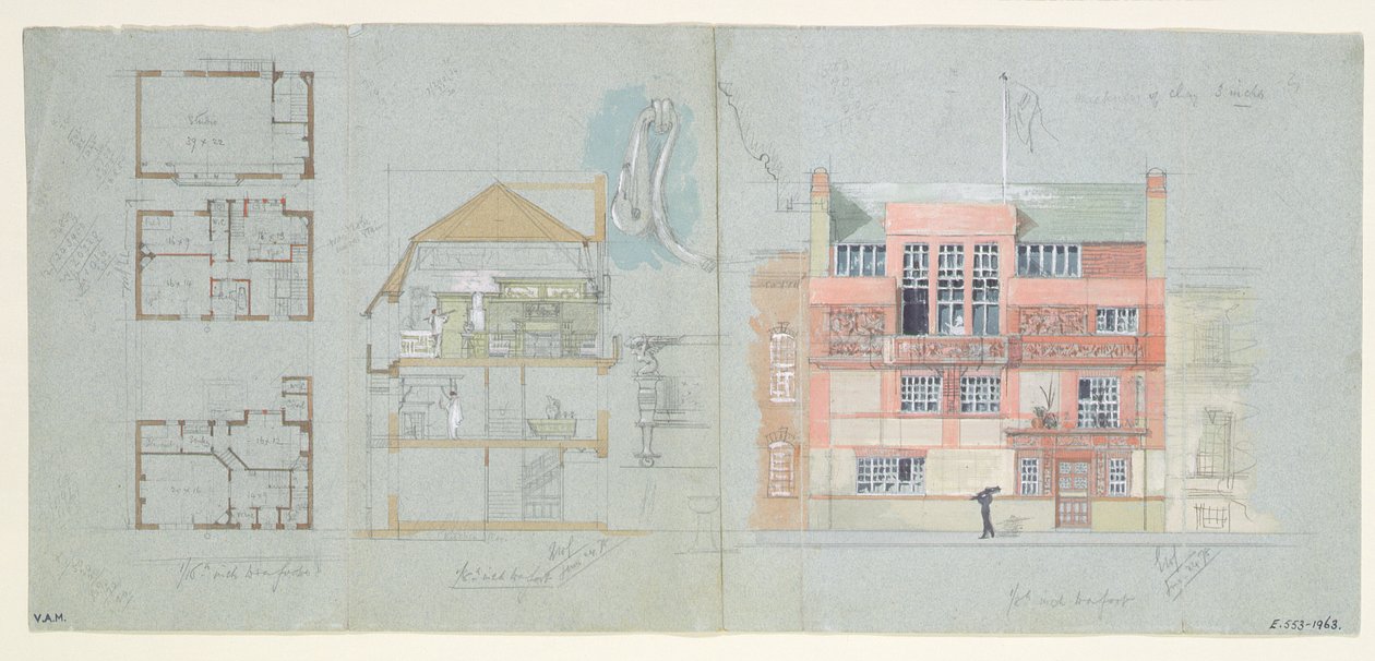 Frank Miles (1852-91), Tite Street, Chelsea, 1878-79 (kağıt üzerinde wc ve kurşun kalem) için Ev ve Stüdyo için Ön Yükseklik ve Bölüm (ayrıca bkz. 176481-482, 176484-485) by Edward William Godwin