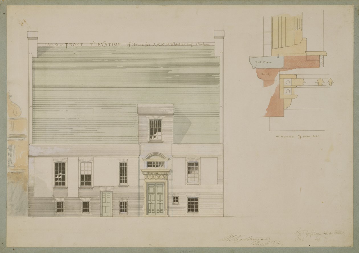 Framhæð húss fyrir J.A.M. Whistler Esq, Tite Street, Chelsea, 1877 (pen og blek og wc á pappír) (sjá einnig 176476) by Edward William Godwin