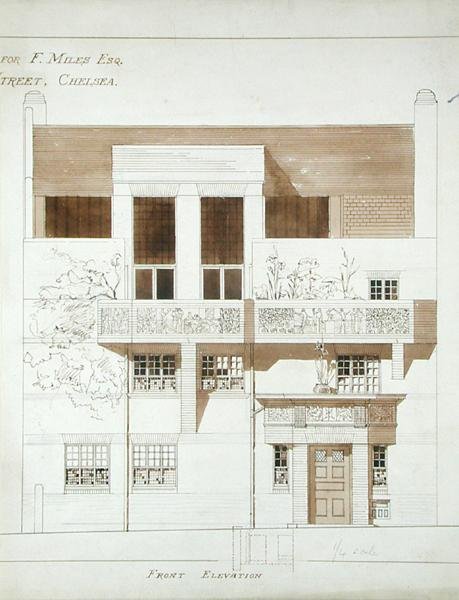 Frank Miles (1852-91), Tite Street, Chelsea, 1878-79 (kalem, mürekkep ve kağıt üzerinde yıkama) için Stüdyo ve Evin Önden Yükseltilmesi (ayrıca bkz. 176481-483, 176485) by Edward William Godwin