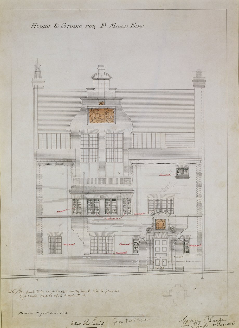 F. Miles Esq, Tite Street, Chelsea, 1878-79 (kağıt üzerinde wc ve kurşun kalem) için House ve Studio için çalışma çizimi (ayrıca bkz. 176481, 176483-485) by Edward William Godwin