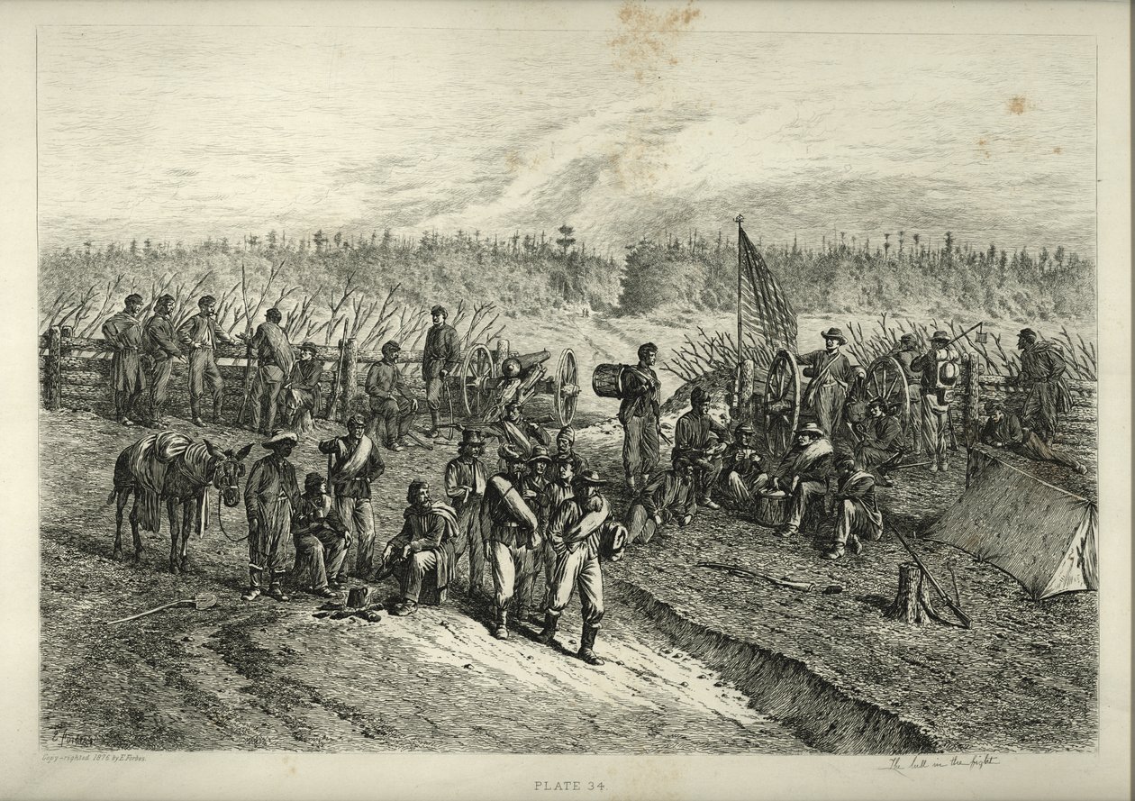 Bir barikatın arkasında ön saflarda bekleyen askerlerin izleri. Üç asker ve katırlı bir Afrikalı Amerikalı adam kamp ateşinin etrafında oturuyor ve bir grup başka asker geçiyor. by Edwin Austin Forbes