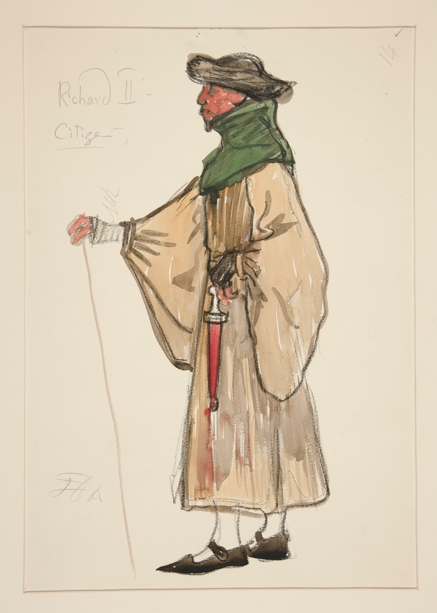 Bir Vatandaş, Henry Irving için kostüm çizimi by Edwin Austin Abbey