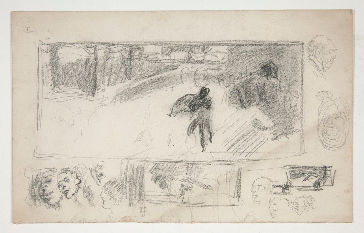 Çeşitli eskizler (rekto); Pelerinli bir adamın çizimi (verso) by Edwin Austin Abbey