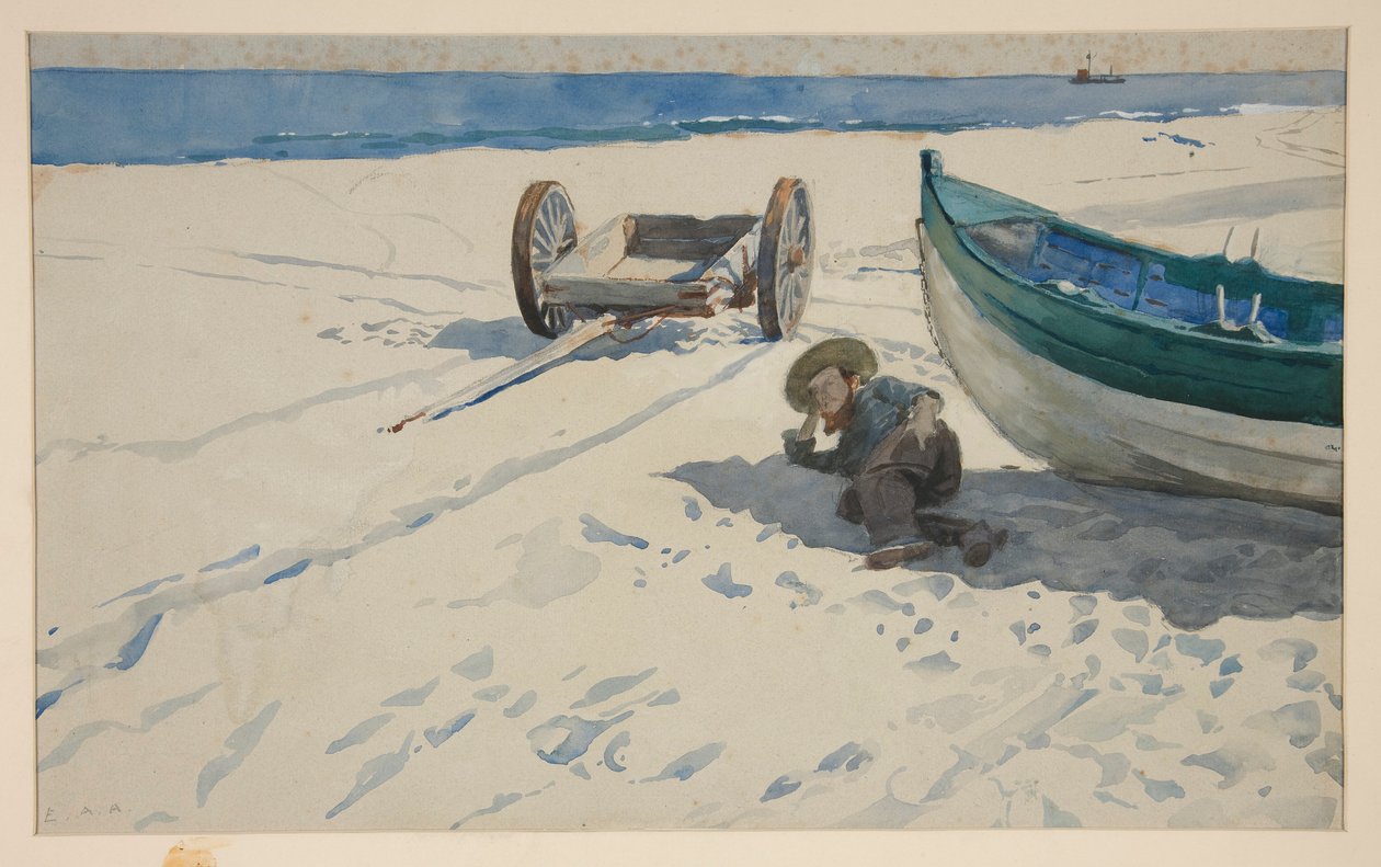 Teknenin Gölgesinde Dinlenen Adam ile plaj sahnesi by Edwin Austin Abbey