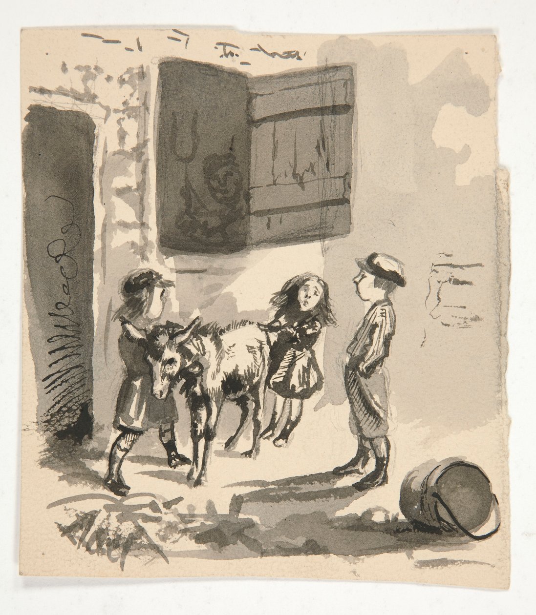 Eşekli çocuklar (rekto); Organ öğütücünün tanımlanamayan çizimi (verso) by Edwin Austin Abbey