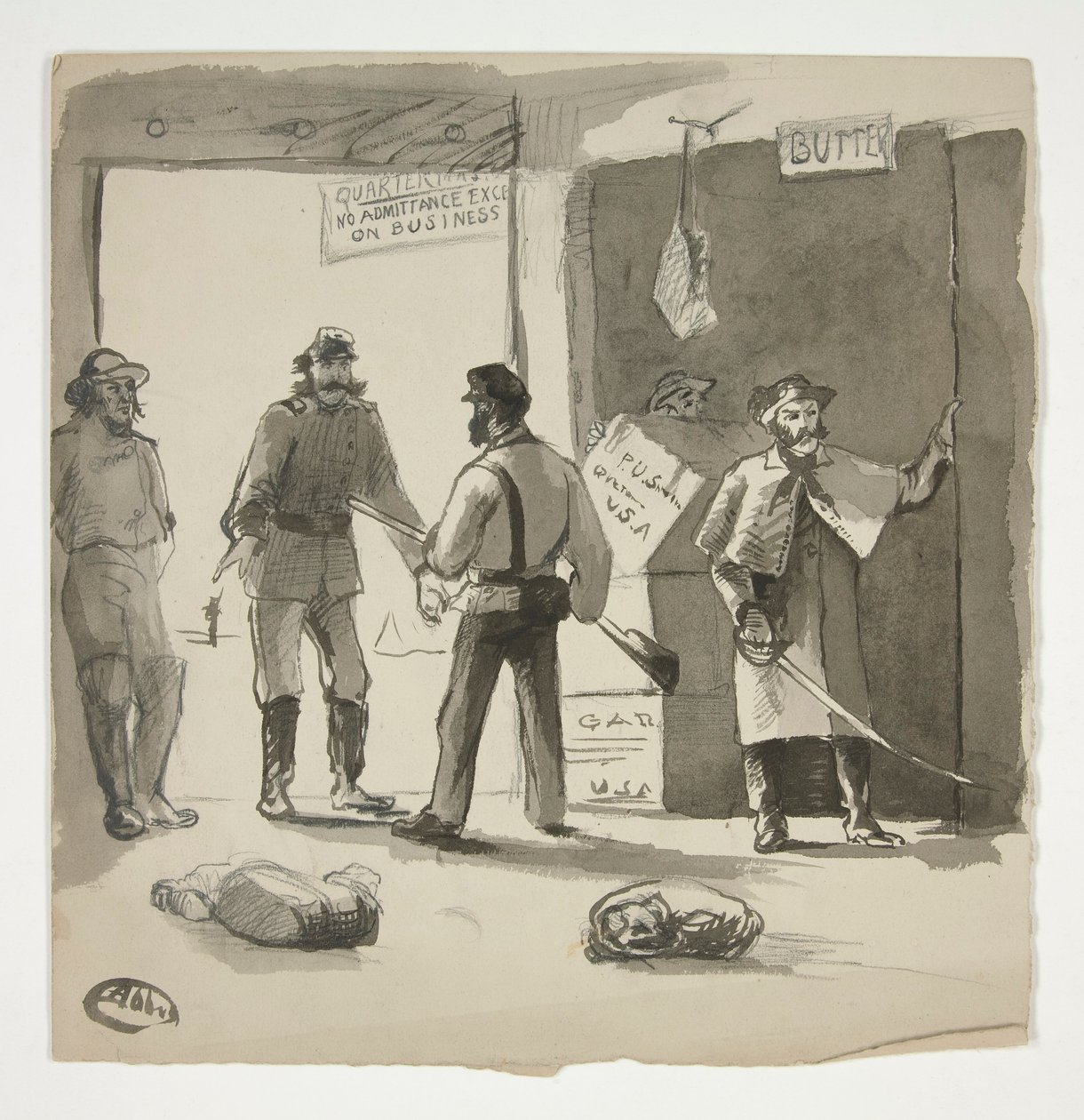 İç savaş taslağı (rekto); Bir tabloya bakan adam (versi) by Edwin Austin Abbey