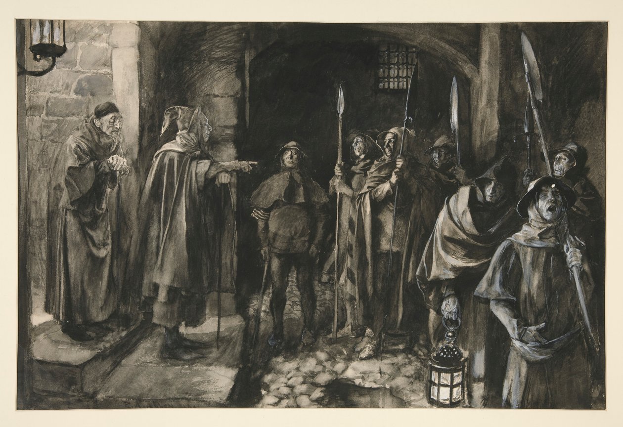 Dogberry ve arkadaşları bir saatle - III. Perde, III. Sahne, Hiçbir Şey Hakkında Çok Ado by Edwin Austin Abbey