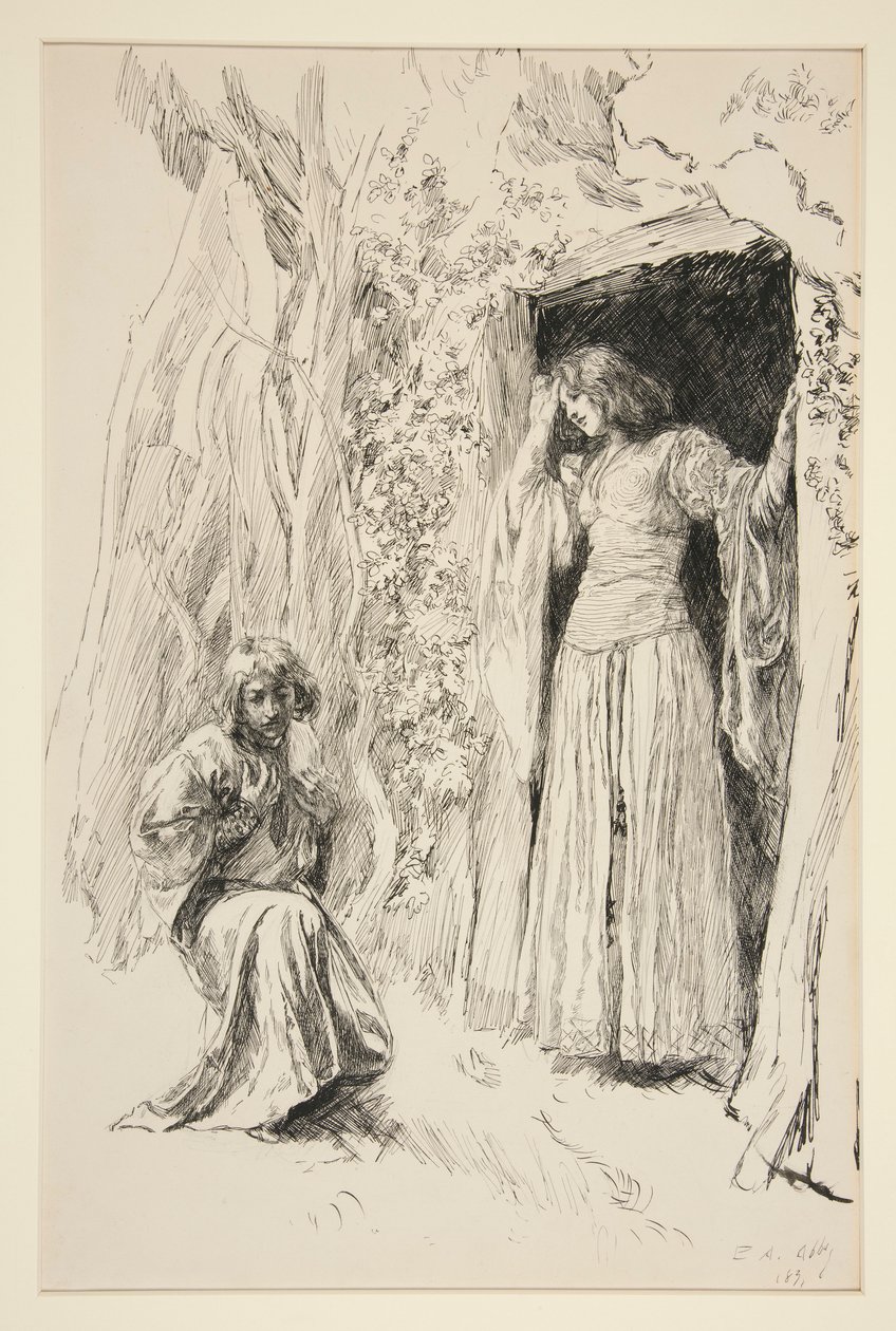 Ferdinand Miranda ile Tanışıyor, III. Perde, Sahne i, Fırtına için illüstrasyon by Edwin Austin Abbey