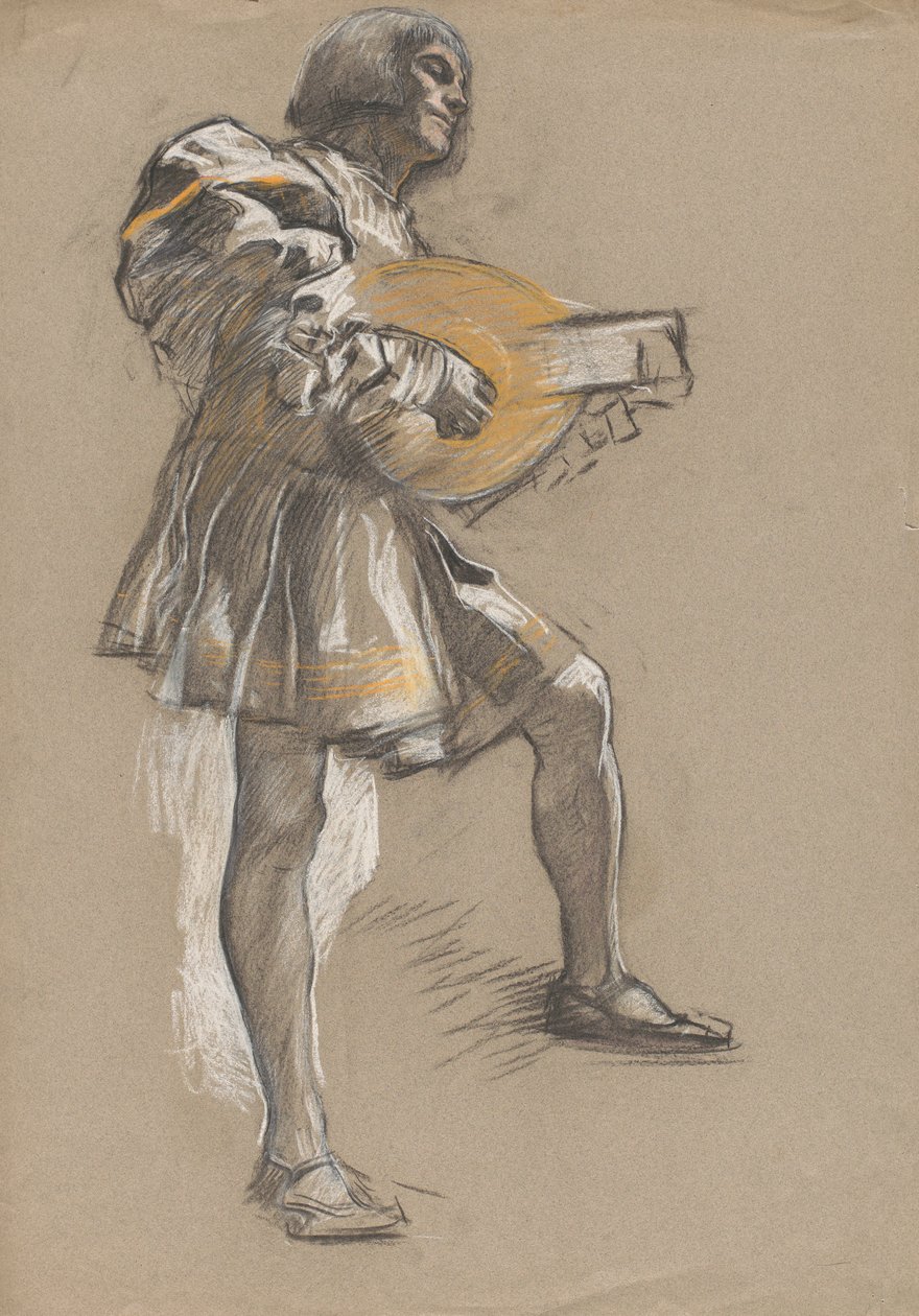 Ortaçağ kostümlü mandolinli figür. by Edwin Austin Abbey