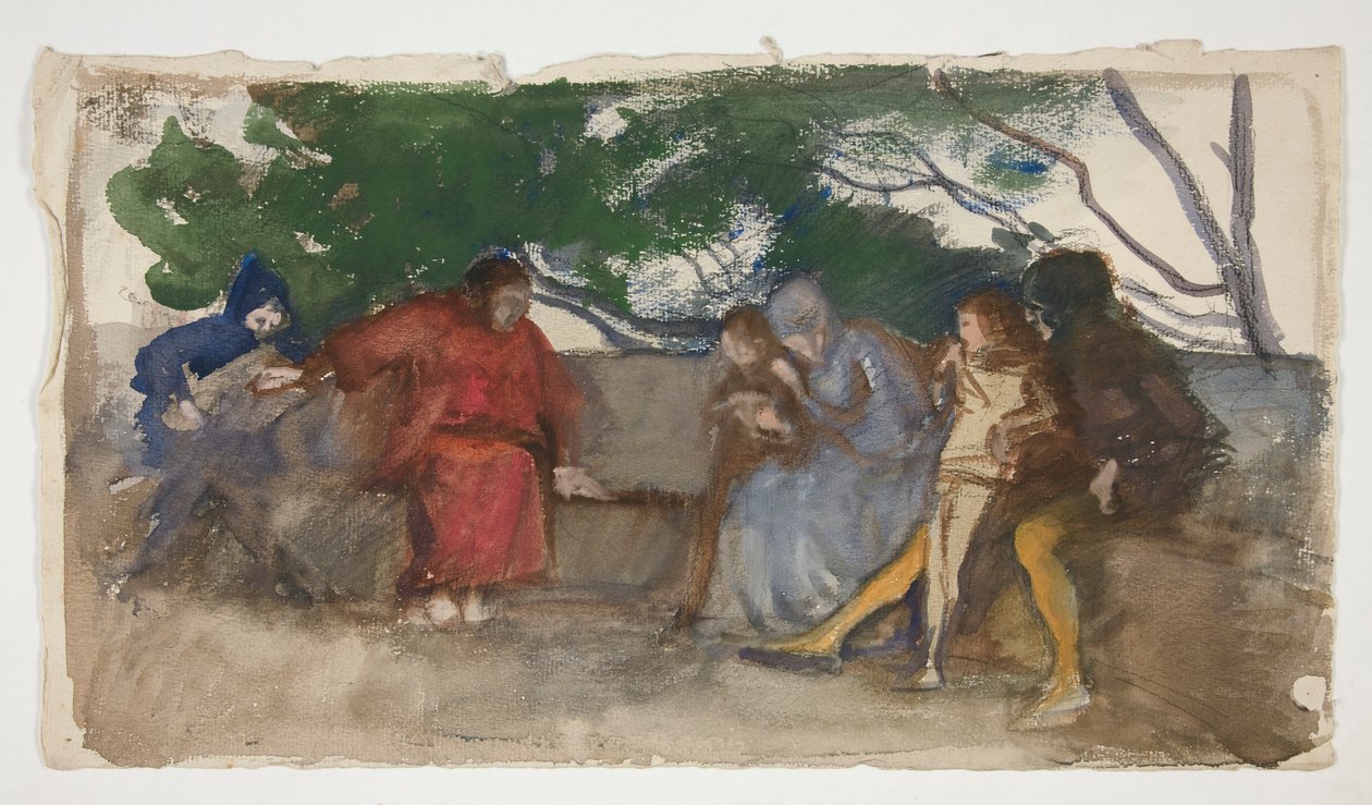Açık bir bankta oturan figürler by Edwin Austin Abbey