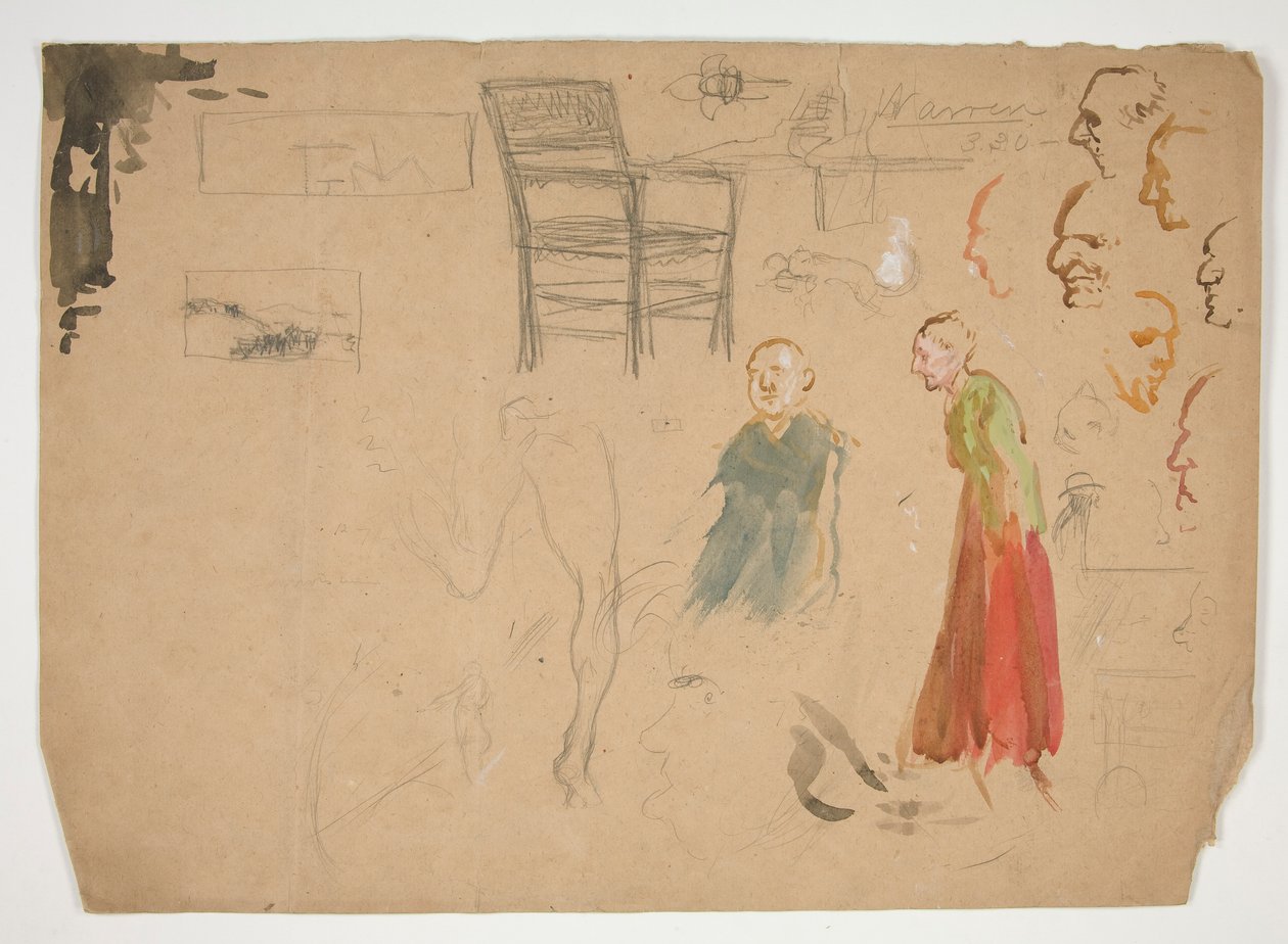 Baş ve Figür Çalışmaları ve Sandalye Çalışması (rekto); Kitap İlüstrasyonları için Eskizler (verso) by Edwin Austin Abbey