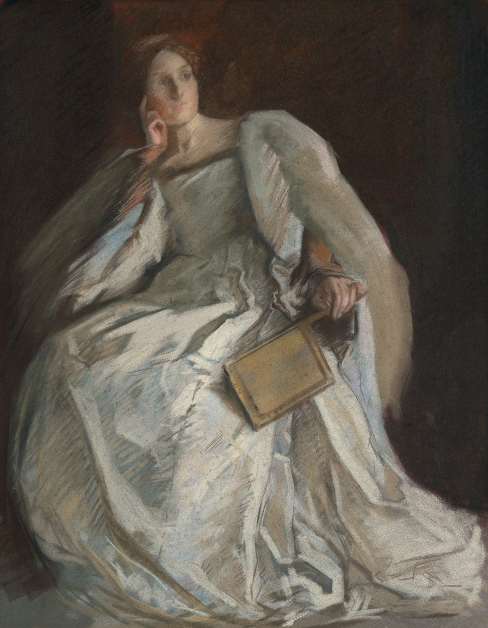 Beyaz Oturan Bayan. Sağ El Çeneye. Tutma Fanı. by Edwin Austin Abbey