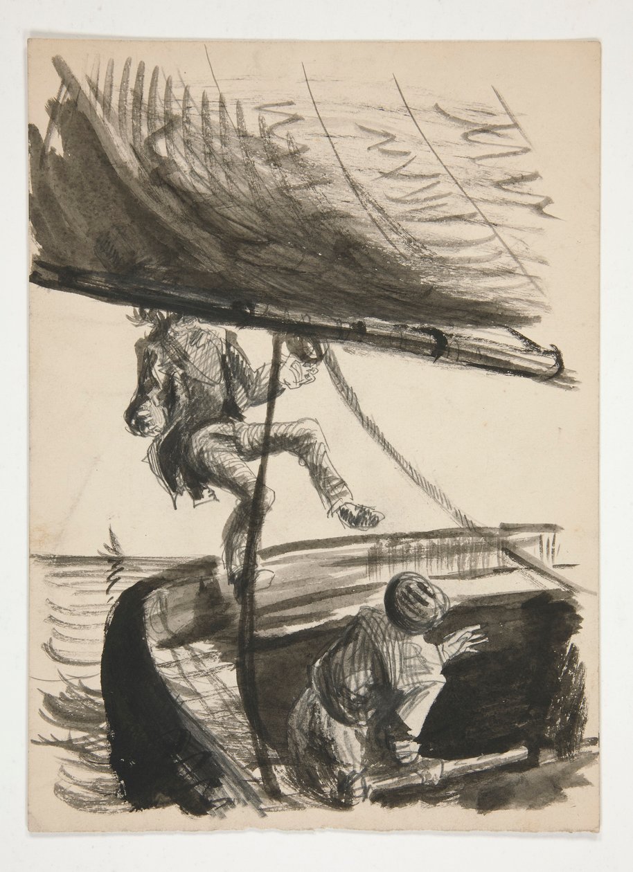 Yelkenli teknenin patlamasıyla denize düşen adam (rekto); Çocuk parlayan adam tanımlanamayan çizimi by Edwin Austin Abbey