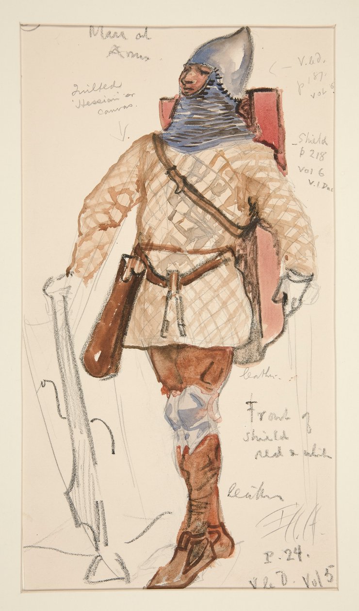 Silah Adamı, Henry Irving için kostüm çizimi by Edwin Austin Abbey