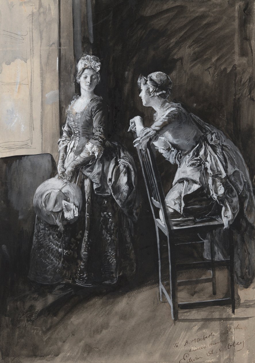 Bayan Neville ve Bayan Hardcastle, Oliver Goldsmith için illüstrasyon by Edwin Austin Abbey