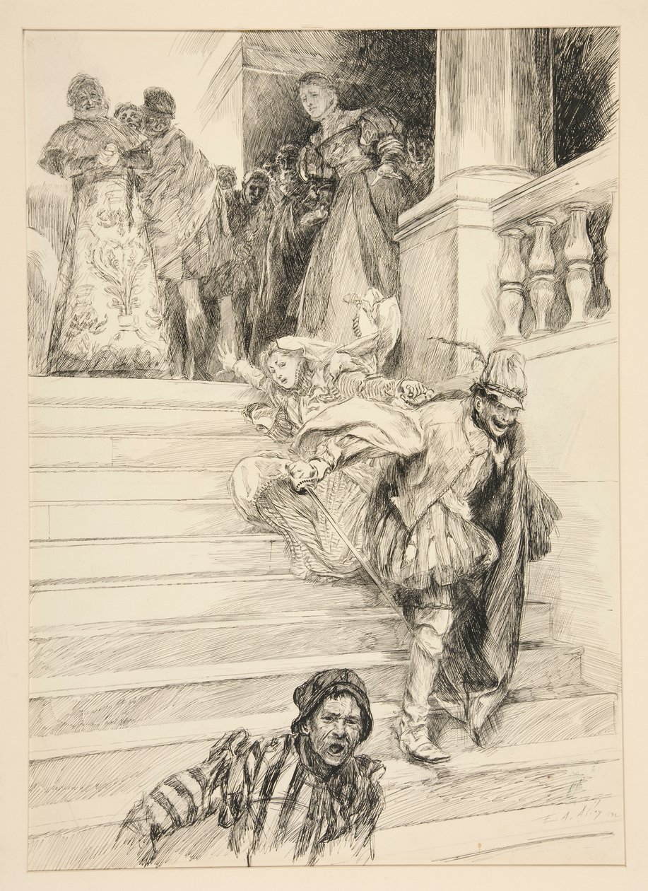 Petruchio, III. Perde, Sahne ii, Hırçın Ehlileştirilmesinden gelinini doğuruyor by Edwin Austin Abbey
