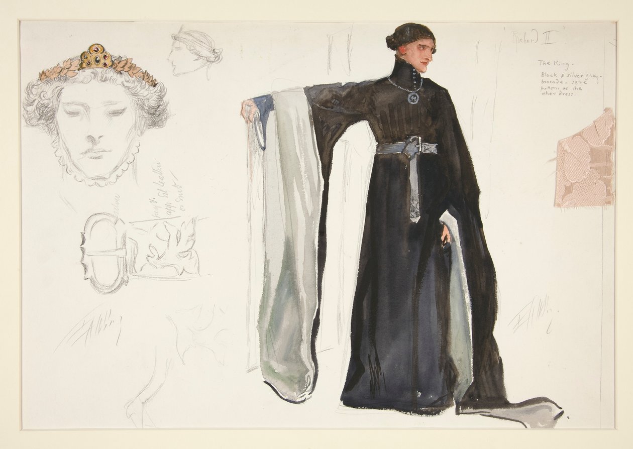 Richard II (siyah), Henry Irving için kostüm çizimi by Edwin Austin Abbey