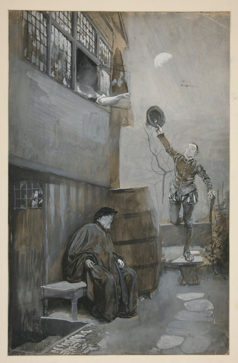 Nighttime Rendezvous için taslak - 3 figür: iki erkek, bir kadın by Edwin Austin Abbey