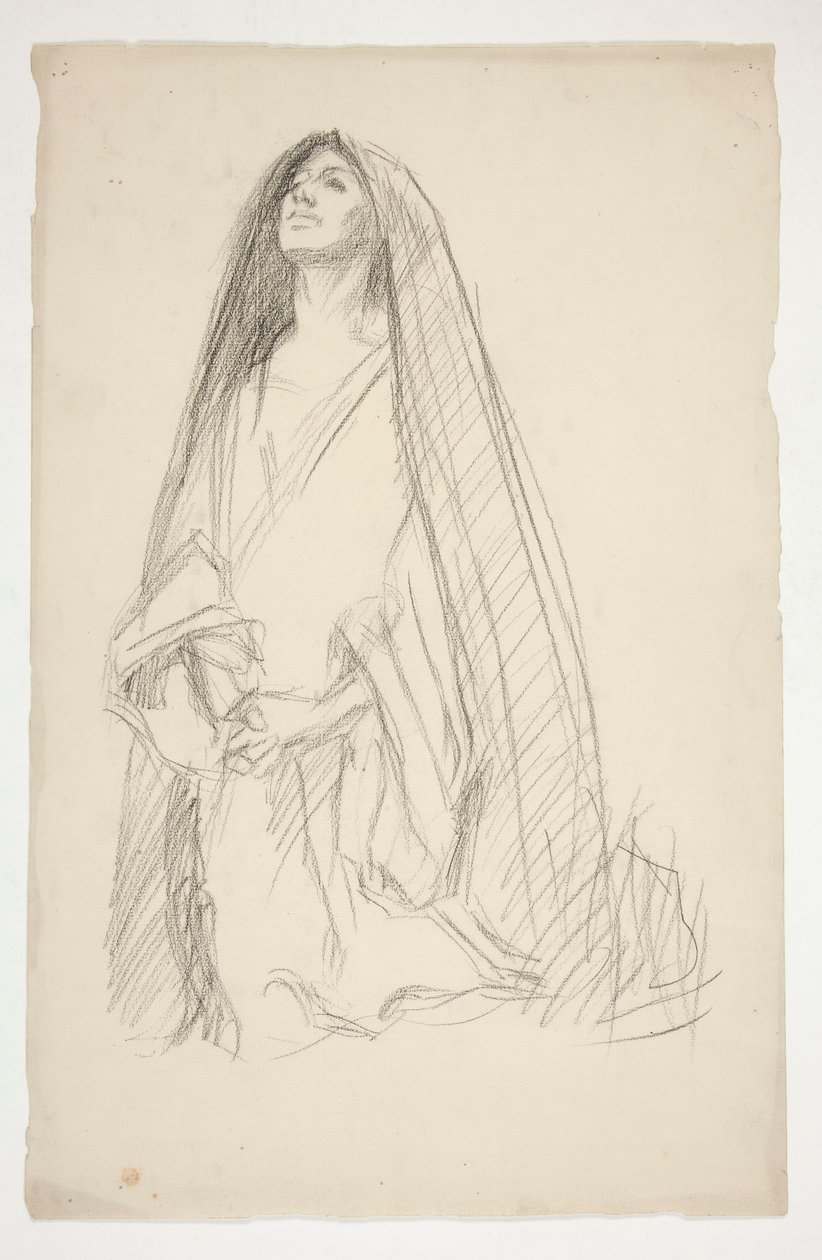 Çarmıhta Üç Meryem için dua eden pelerinli bir kadın figürünün taslağı by Edwin Austin Abbey