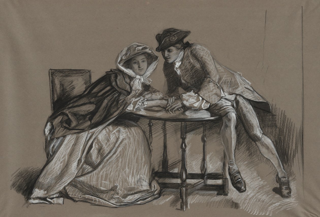 Ders çalışma. Bayan ve Beyefendi bir masada sohbet ediyor by Edwin Austin Abbey