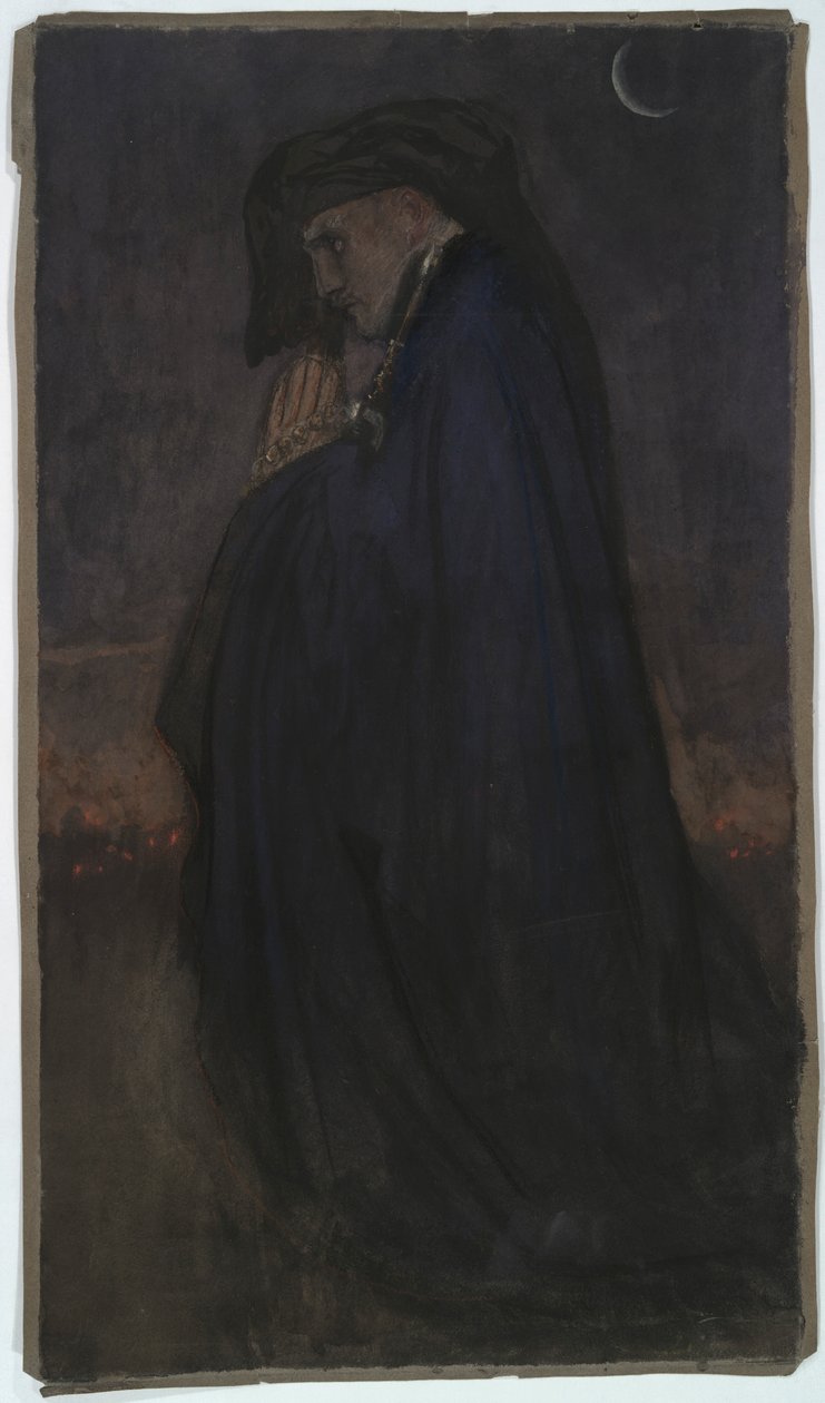 Ders çalışma. Mavi pelerinli adam, ay ışığı by Edwin Austin Abbey