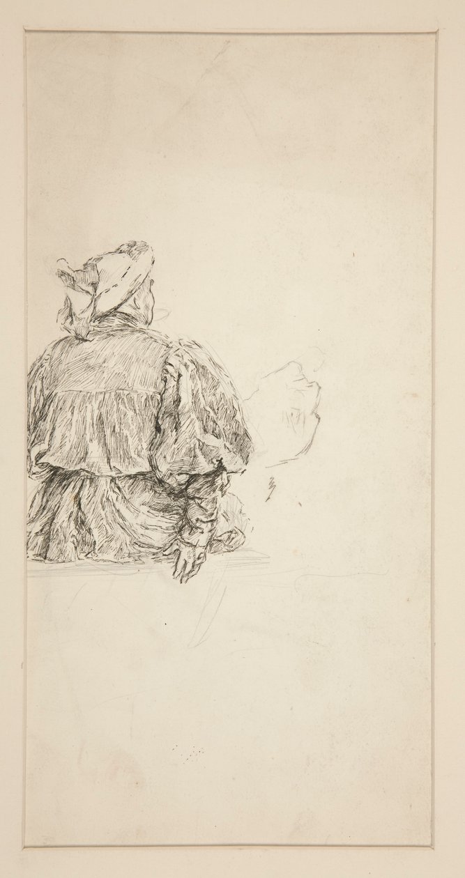 Bir Shakespeare sahnesi için XV. yüzyıl kostümü içinde oturan bir adamın sırtının incelenmesi. by Edwin Austin Abbey