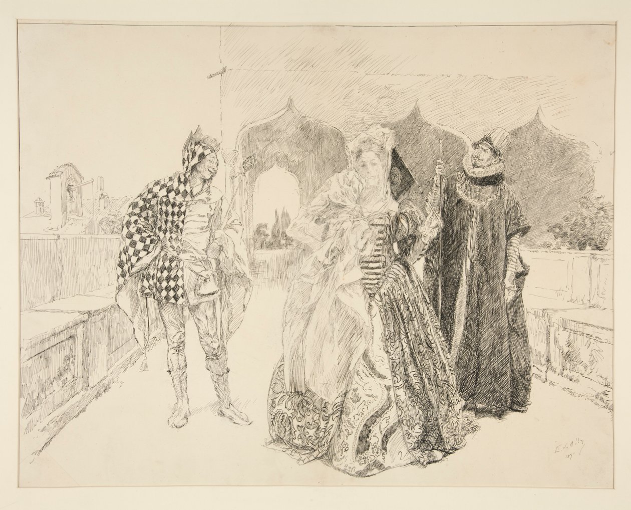 Palyaço ve Malvolio, I. Perde, Sahne v, On İkinci Gece için illüstrasyon by Edwin Austin Abbey
