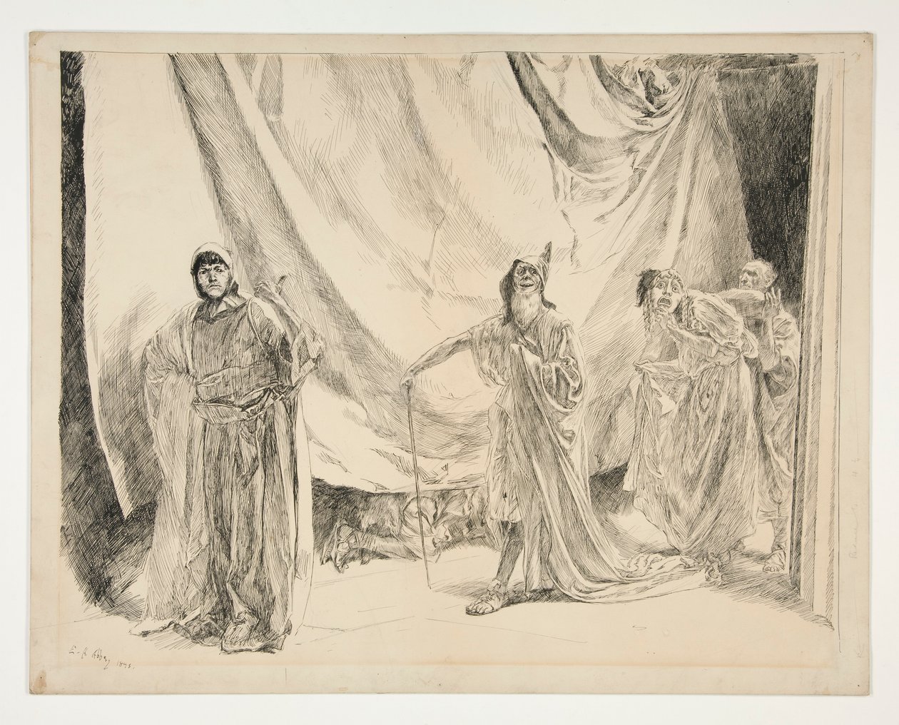 Oyuncuların Yeniden Girişi, V. Perde, Sahne I, Bir Yaz Gecesi için çizim by Edwin Austin Abbey