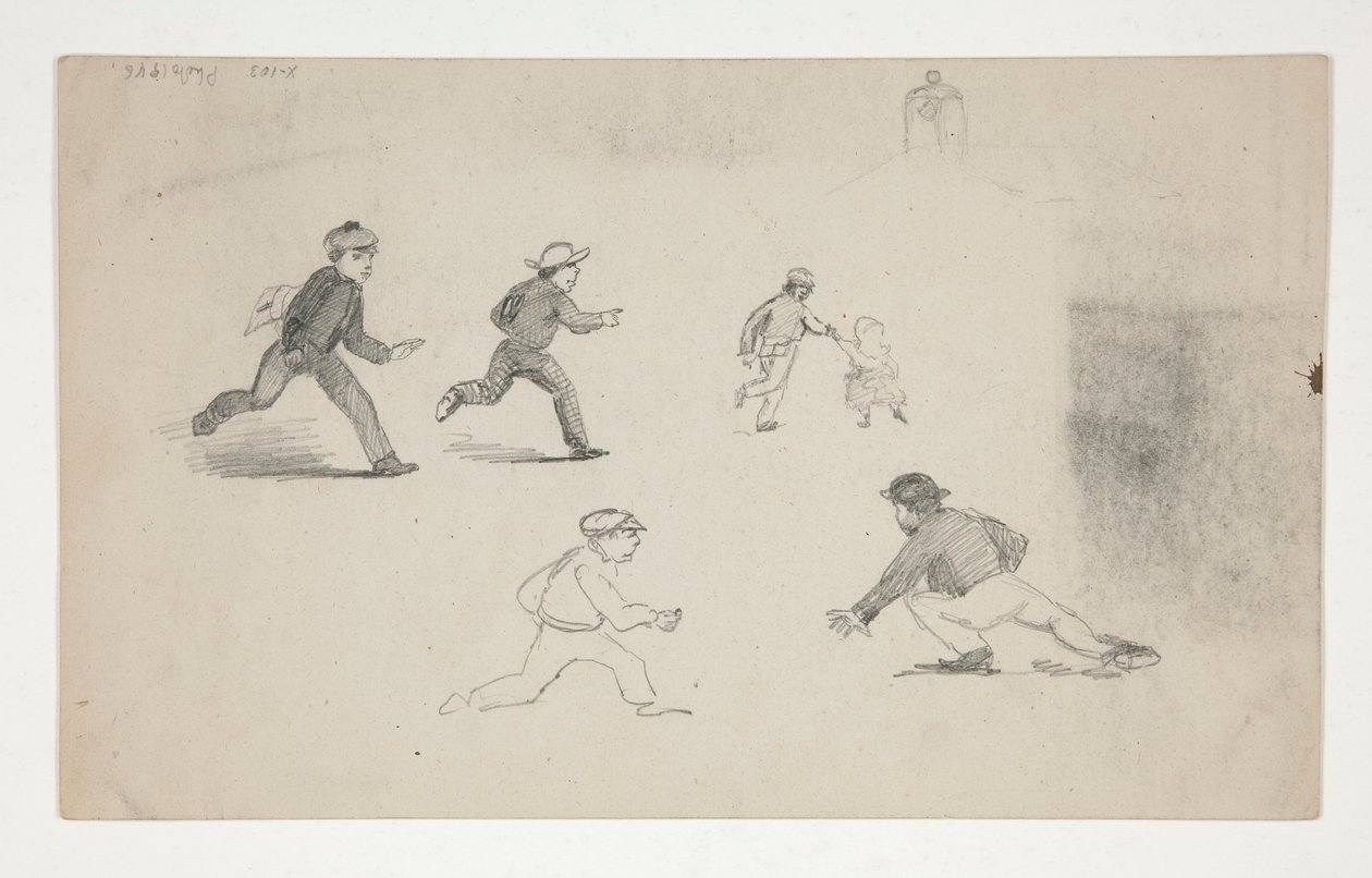 Üç Çalışma (atlı erkekler, kafa çalışması) (rekto); Koşan Figürlerin Altı Çalışması, Bir Çan Kulesinin Çalışması (verso) by Edwin Austin Abbey