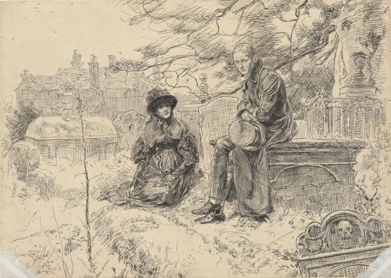 Bir kilise bahçesinde iki figür by Edwin Austin Abbey