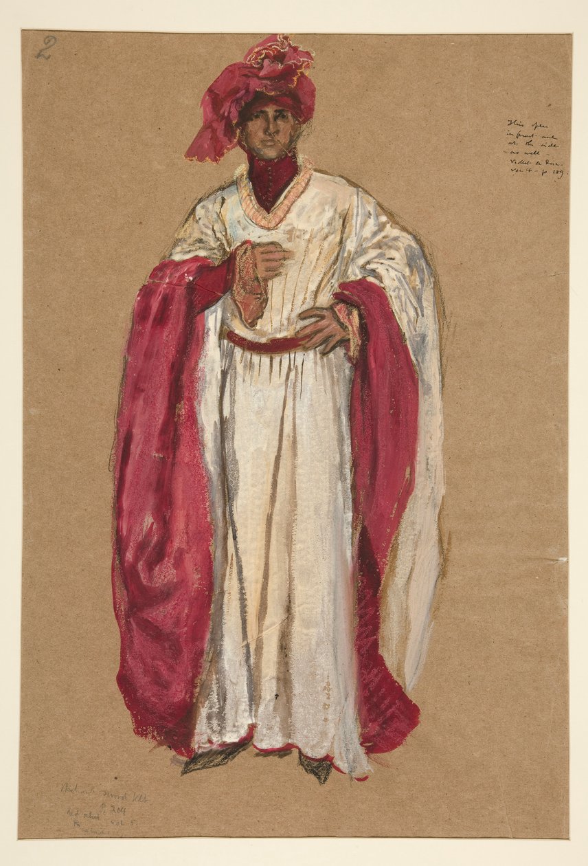 Kırmızı cüppeli kimliği belirsiz adam, Kral II. Richard için kostüm çizimi by Edwin Austin Abbey