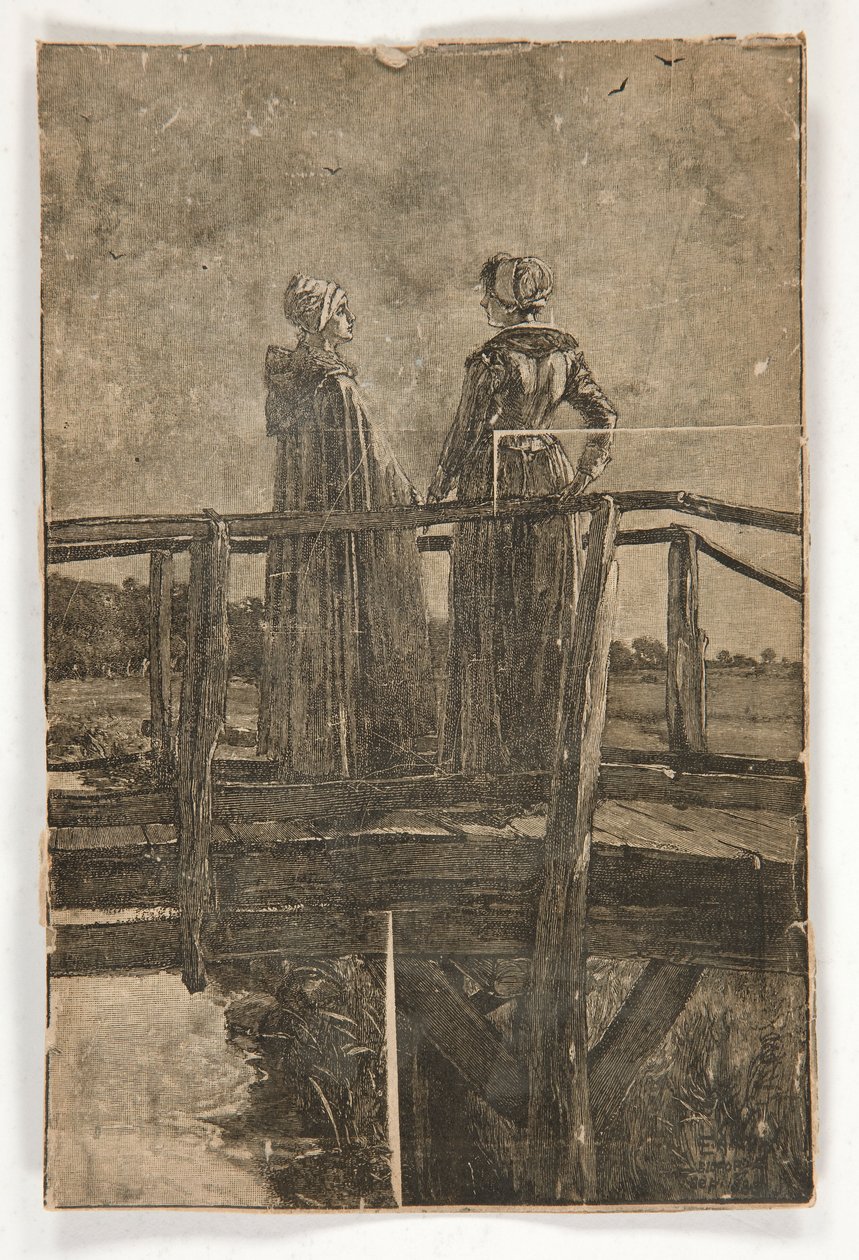 E.A. tarafından isimsiz ahşap gravür Ahşap bir yaya köprüsü üzerinde iki bayan manastırı (?) - William Black için illüstrasyon by Edwin Austin Abbey