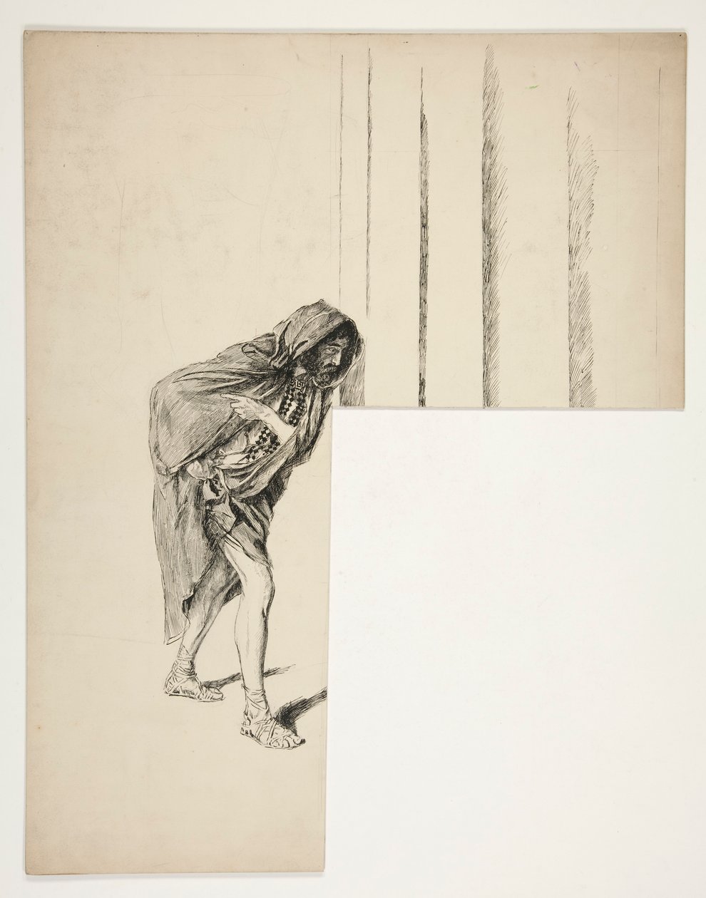 Pelerinli yürüyen adam, tanımlanamayan bir Shakespeare oyunu için eskiz by Edwin Austin Abbey