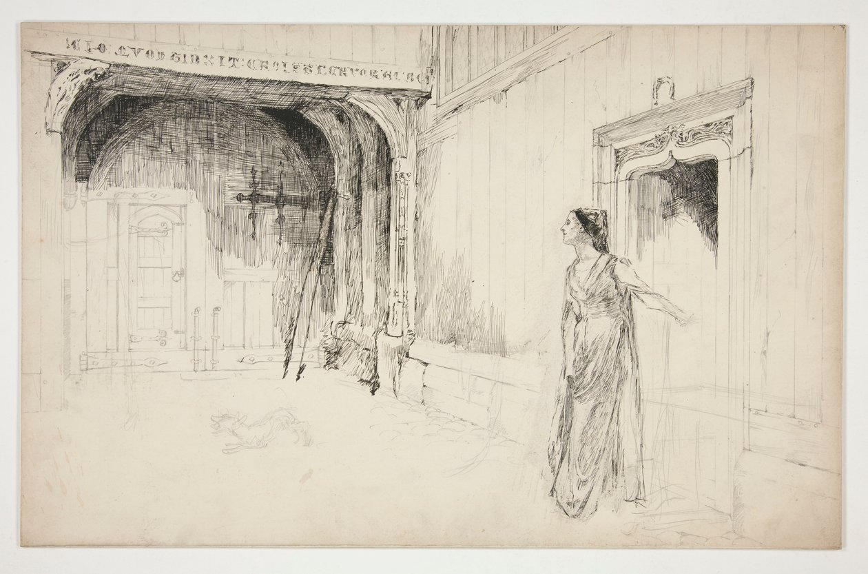 Bir iç mekanda kadın ve köpek - (bir oyun için tanımlanamayan resim?) by Edwin Austin Abbey