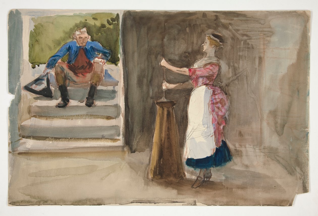 Tereyağı çalkalayan kadın, Devrimci elbiseli adam izliyor - (tanımlanamayan resim) by Edwin Austin Abbey