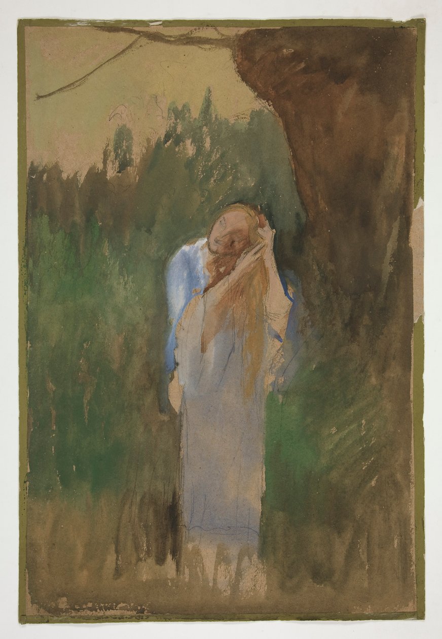 Manzaralı kadın, uzun sarı saçlarını tarıyor - (tanımlanamayan resim) by Edwin Austin Abbey