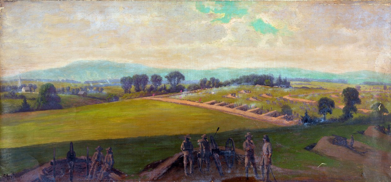 Amerikan İç Savaşı 1861-1865: Gettysburg Muharebesi 1-3 Temmuz 1863. Savaşta en ağır ABD kayıpları. "General Lee komutasındaki Virginia Ordusu'nun son direnişi". Yağ. Edwin Forbes (1839-1895) Amerikalı sanatçı. Askeri Topçu by Edwin Austin Forbes