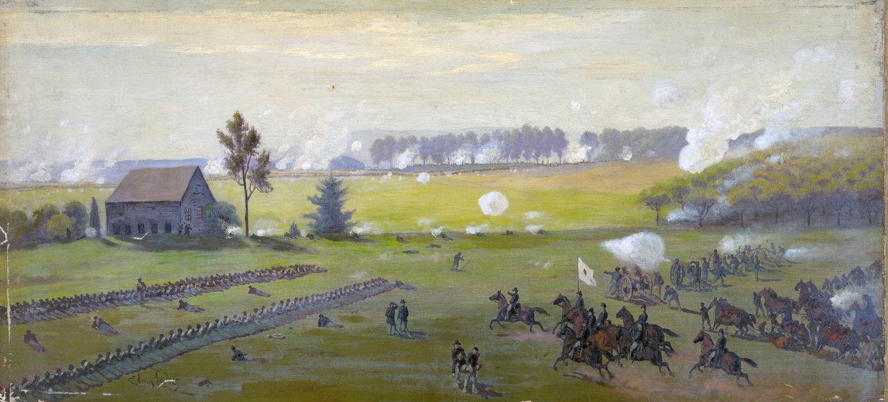 Amerikan İç Savaşı 1861-1865: Lee'nin Kuzey'i işgalini sona erdiren Gettysburg Savaşı 1-3 Temmuz 1863. Savaşta en ağır ABD kayıpları. Yağ by Edwin Austin Forbes