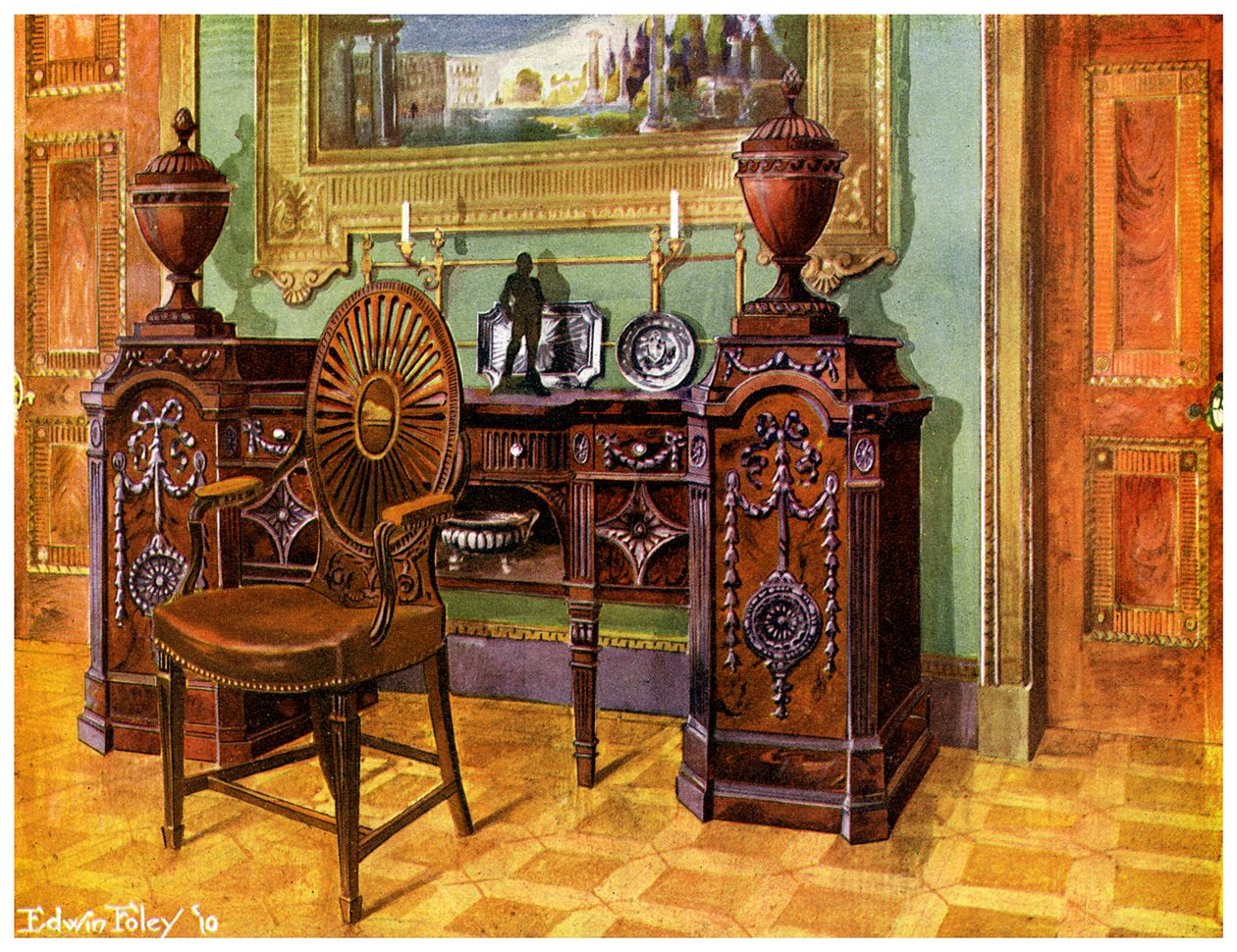 Oyma maun kaide büfe ve oval tekerlekli usta sandalyesi, 1911-1912. by Edwin Foley