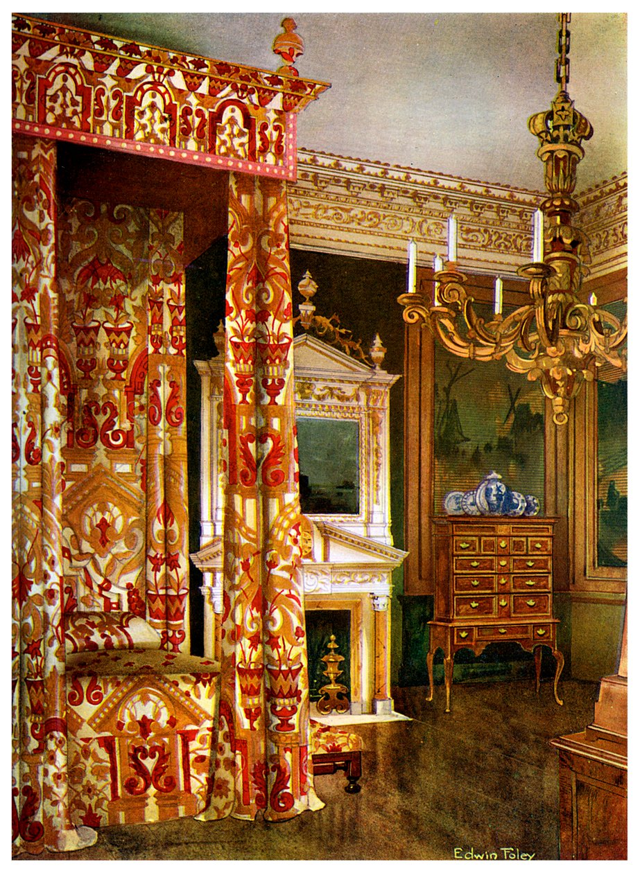Queen Annes yatağı, sehpa üzerinde şifonyer ve ahşap bir şamdan, 1910. by Edwin Foley