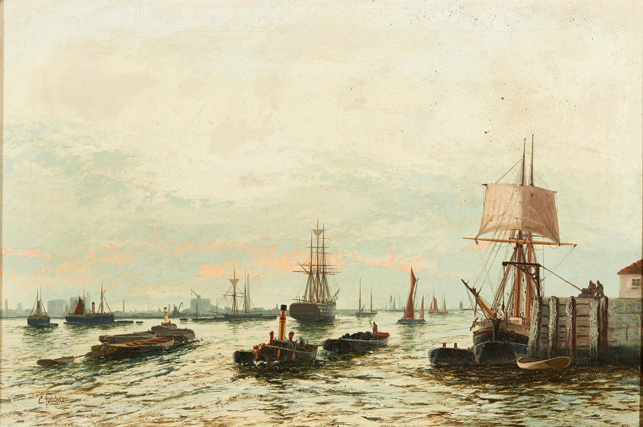 Thames üzerinde mavnalar (tuval üzerine yağlı boya) by Edwin Henry Eugene Fletcher