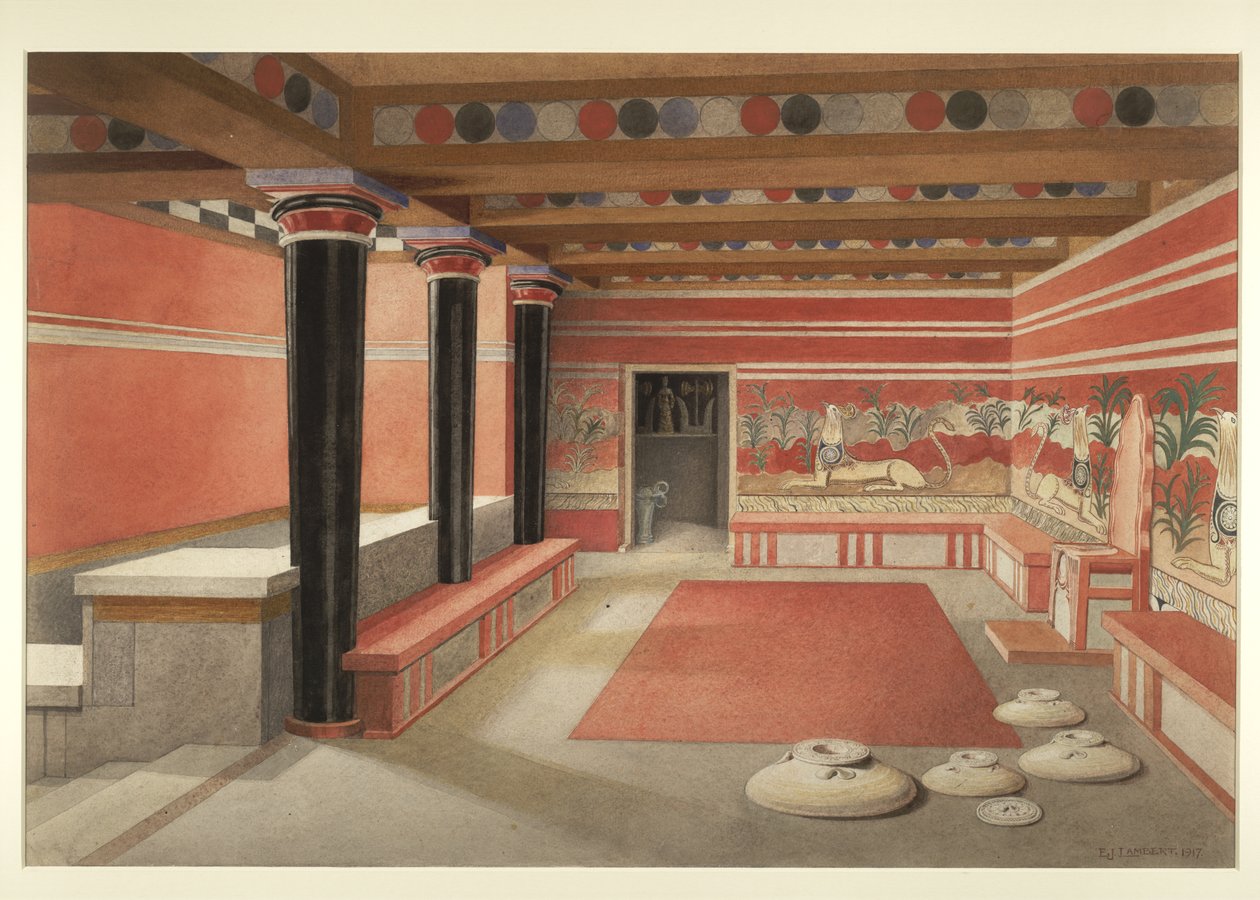 Knossos'taki Minos Sarayı'nın yeniden tasarlanan Taht Odası'nın resmi by Edwin J. Lambert