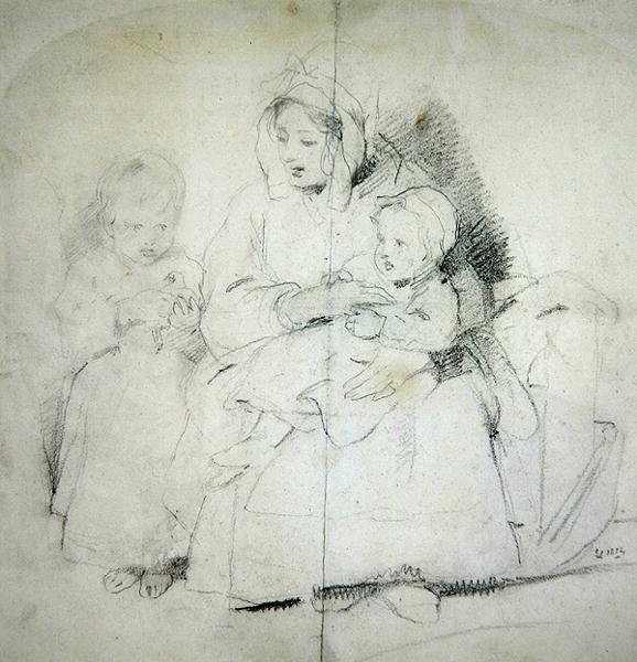 İki Çocuklu Bir Anne (kağıt üzerine kalem) by Edwin Landseer