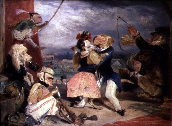 West End Fuarı: Sahnede Gösteri Yapan Maymunlar ve Köpekler (panelde yağ) by Edwin Landseer