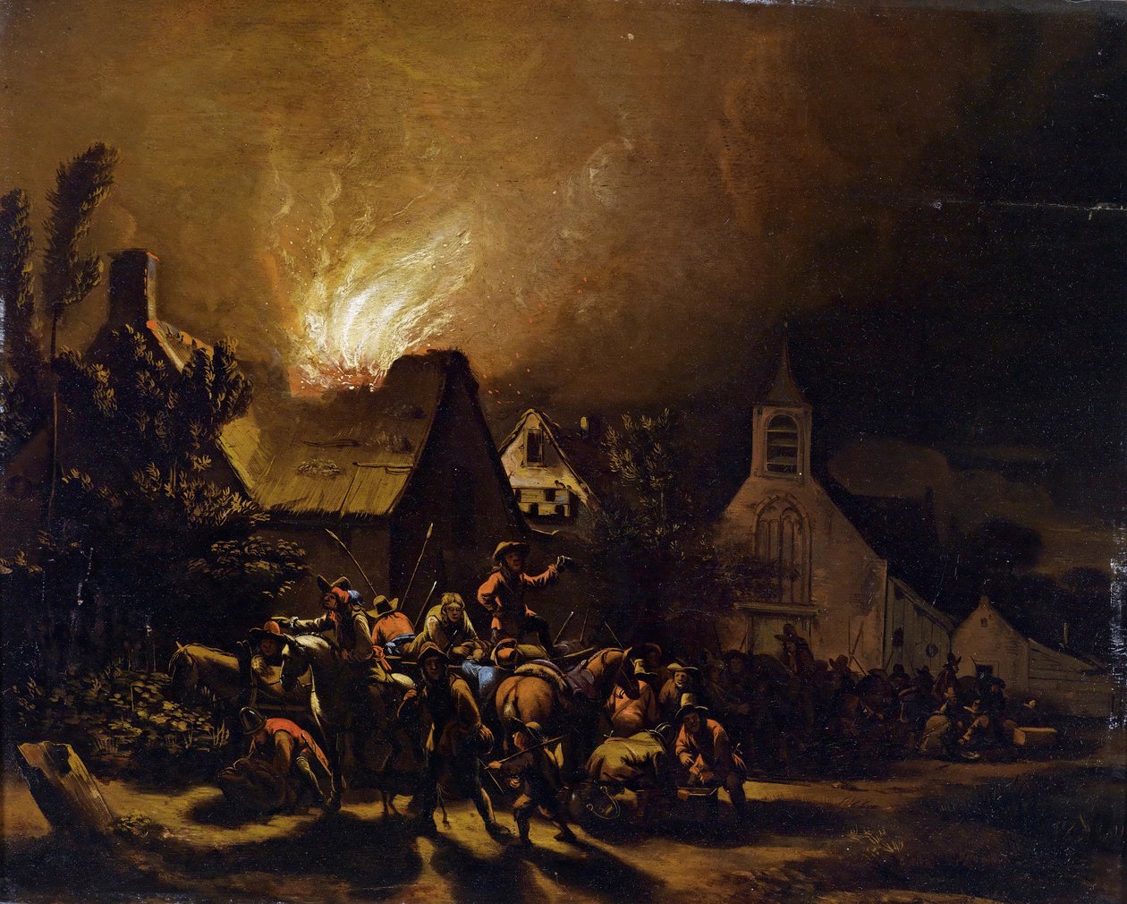 Yanan bir köyün önünde çapulcular by Egbert van der Poel