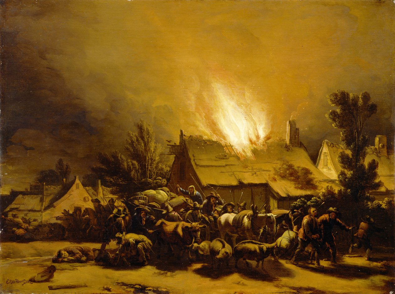 Yanan Bir Ahırdan Kaçan Köylüler, c.1655 (meşe panel üzerinde yağ) by Egbert van der Poel