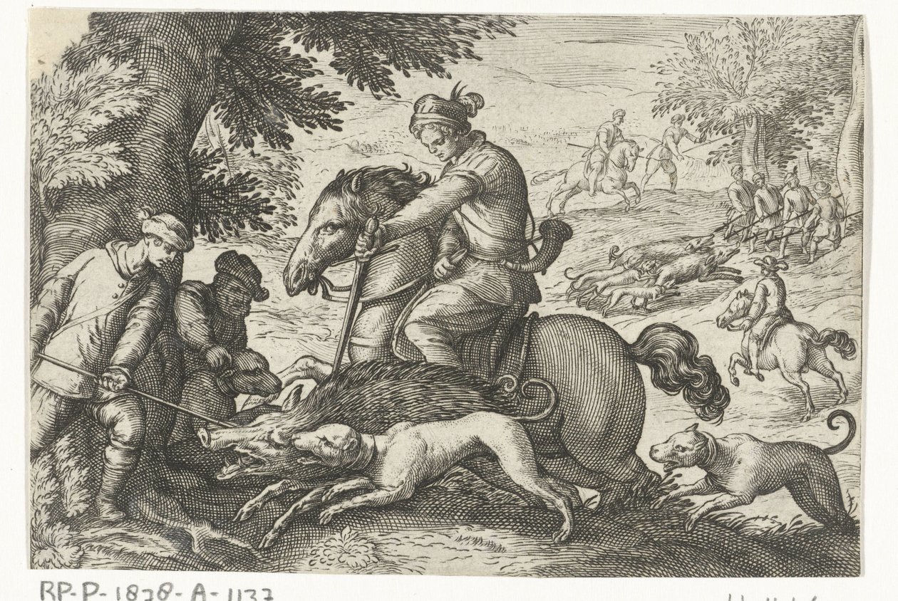 Yaban domuzu avı ile tepelik manzara Av sahneleri (dizi adı) Icones Venantum Species Varias Representantes (dizi başlığı) by Egbert Jansz.