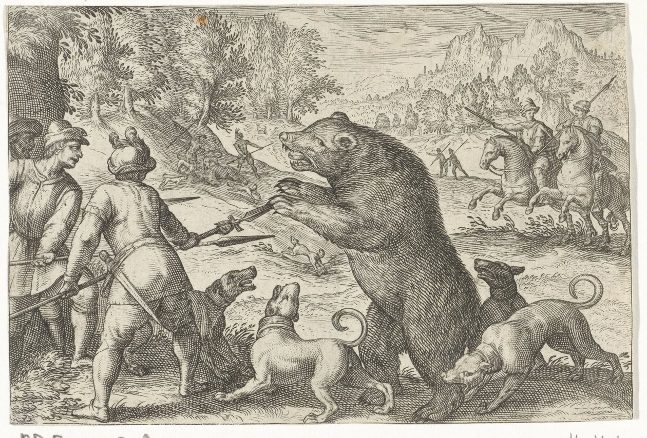 Ayı avı ile manzara Av sahneleri (dizi adı) Icones Venantum Species Varias Representantes (dizi başlığı) by Egbert Jansz.